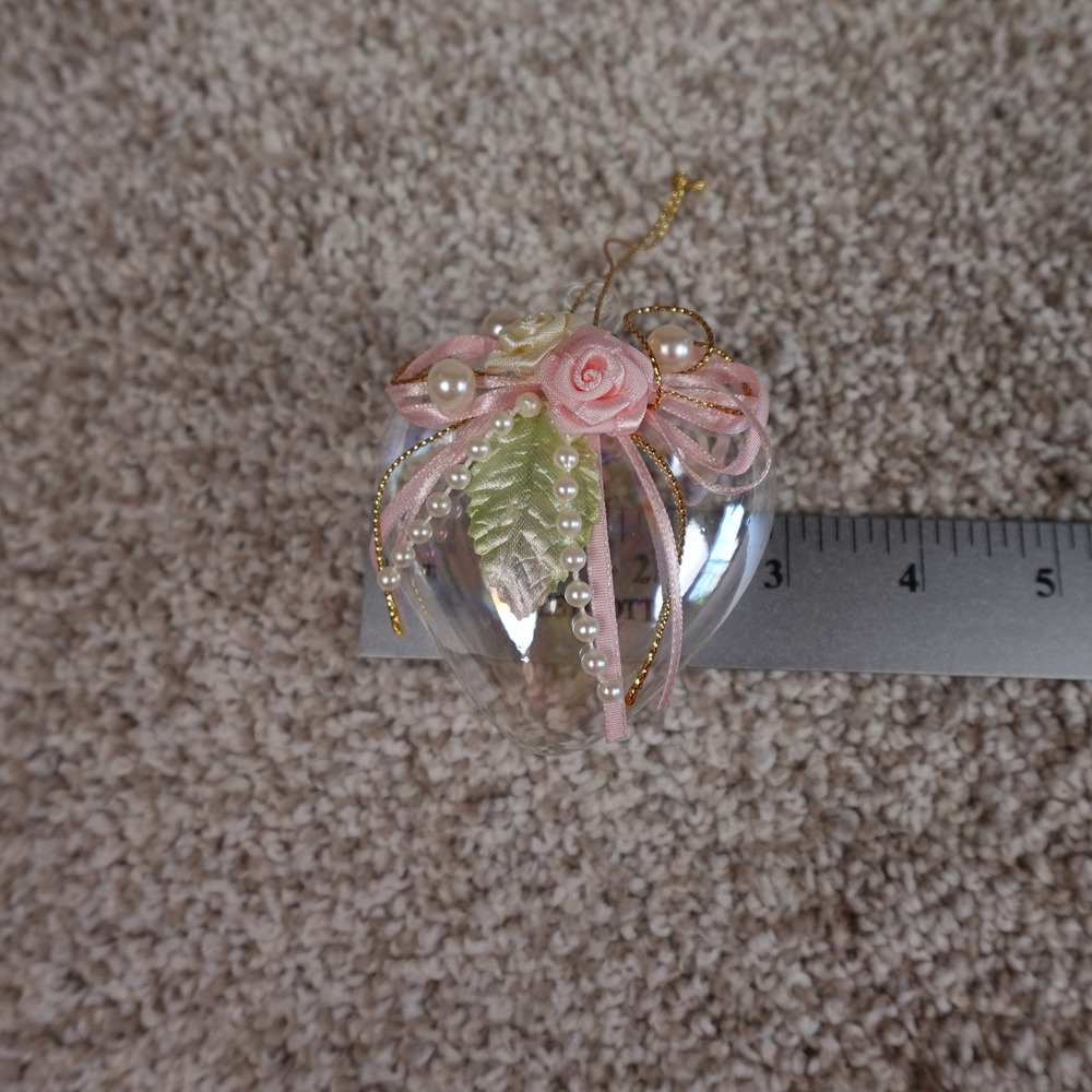 Iridescent Glass Heart Ornament Pink Satin Roses Pearls Gold Accents Romantic - Picture 4 of 5